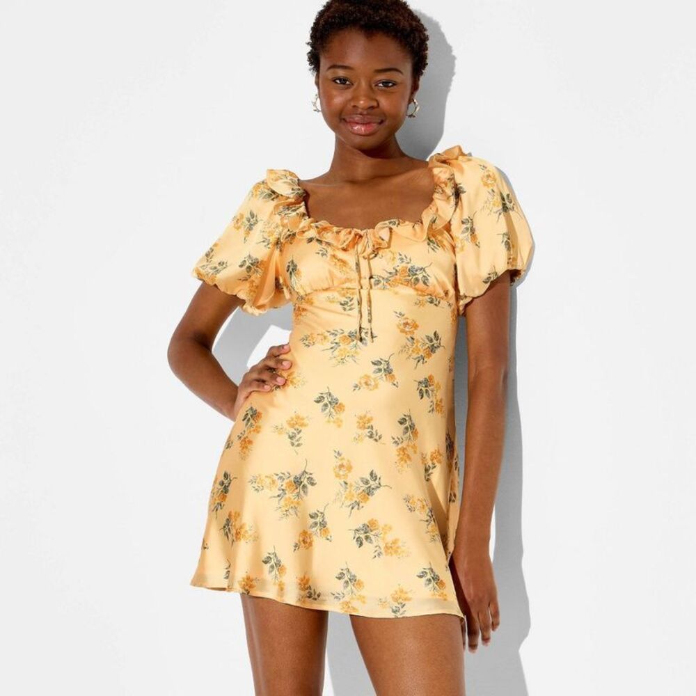 Women's Puff Sleeve Satin Mini Dress - Wild Fable Yellow Floral L